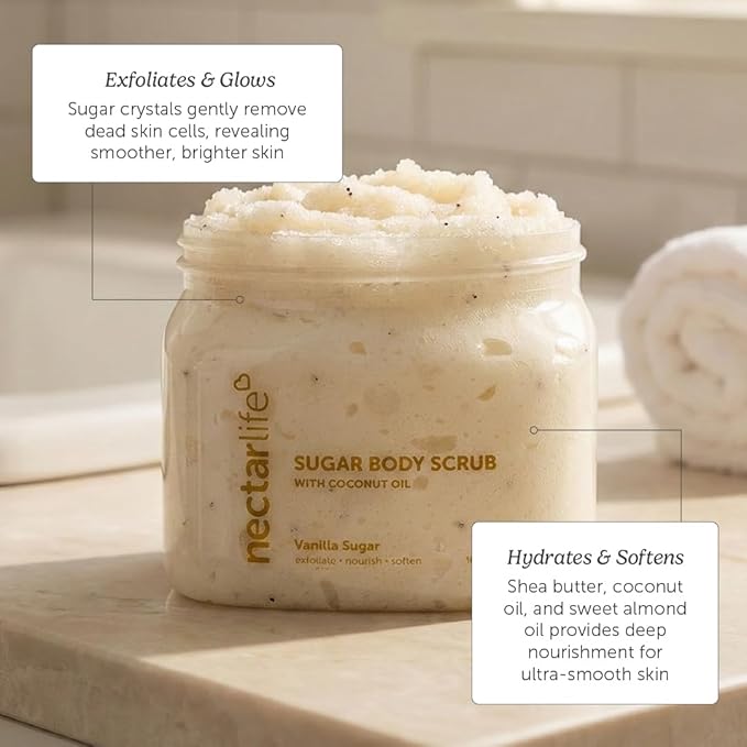 Nectar Life Exfoliating Sugar Scrub, Moisturizing Body Scrub with Coconut Oil & Shea Butter, Pre Shave Exfoliator (16 Ounce, Vanilla)