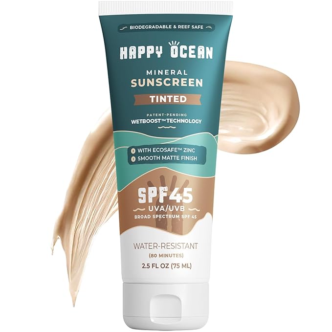 Happy Ocean Tinted Mineral Sunscreen SPF 45 – Reef Safe Zinc Oxide Face Sunscreen with Natural Tint, Water Resistant, Travel Size 2.5 oz