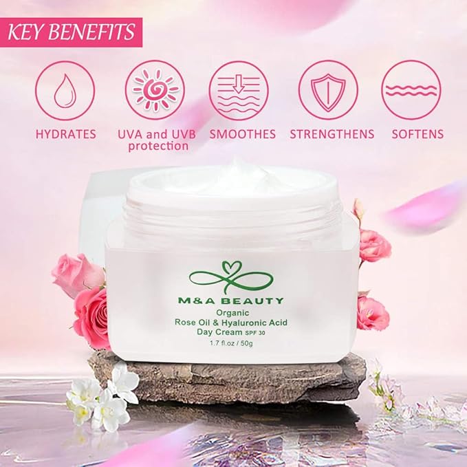 M&A BEAUTY Organic Rose Oil Day Cream 3 in 1 facial moisturizer With SPF 30 and hyaluronic acid 1.7 OZ supper moisturizing