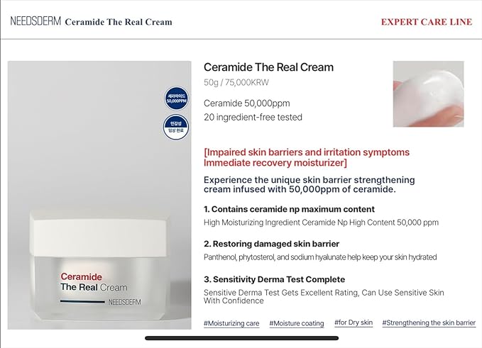 Ceramide The Real Cream - Deep Moisturizing Face Cream with 50,000ppm Ceramide NP for All Skin Types, Fragrance-Free, Clinically Tested for Sensitive Skin, 50g