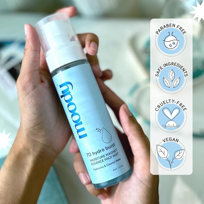 Moody 7D Hydro Burst Hydrating Face Mist & Toner with Hyaluronic & Coconut Water |Face Mist for Soothing and Pore Tightening |Alcohol-Free Toner for Glowing Skin |100% Vegan | 72 Hour Hydration,110ml
