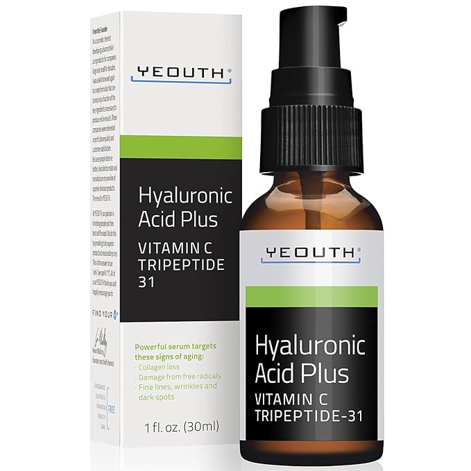 YEOUTH Hyaluronic Acid Serum for Face with Vitamin C, Hydrating Face Serum or Women & Men, Minimize the Look of Wrinkles, Patchy & Dull Skin 1oz