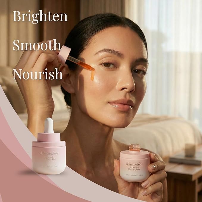 Astaxanthin Under Eye Serum with EMU oil - 0.67 fl. oz./ 20 mL | Emu oil serum | Powerful antioxidant astaxanthin | Sea Buckthorn, Squalane, Aloe Vera, Coffee |Preservative free | 100% Natural