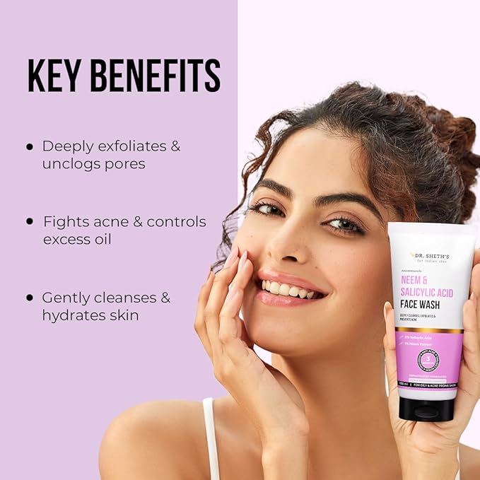 Dr. Sheth’s Neem & Salicylic Acid Face Wash | Deeply Cleanses & Unclogs Pores | Controls Acne, Blackheads & Oil | Unisex BHA Cleanser | 3.38 Fl Oz/100 ml