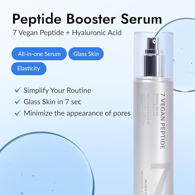 MIZON 7 Vegan Peptide Booster Serum Korean Anti-Aging Face Serum with Niacinamide & Hyaluronic Acid Hydrating Firming & Smoothing Skincare for Fine Lines & Skin Repair – 5.07 fl oz