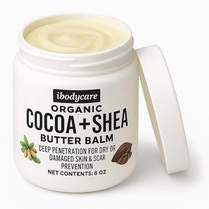 Organic Raw Shea Butter Cocoa Butter Body Balm with Coconut Oil, 8 oz Unrefined Natural Body Butter Blend for Women, Men, Kids, and All Skin Types