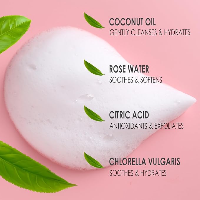 KIOVE- Gentle Foaming Facial Cleanser with Coconut Oil, Rose Water & Chlorella – Hydrating, Non-Comedogenic, Self-Foaming Pump, for Sensitive Skin, K-Beauty