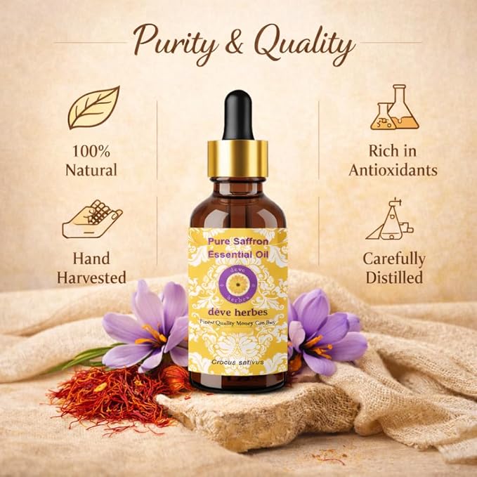 dève herbes Saffron Essential Oil (Crocus sativus) Pure | Non-Sticky | Non-Greasy | Lightweight | Men & Women | All Skin Types | Steam Distilled 10ml (0.33 oz)