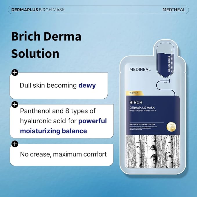 Mediheal Dermaplus Birch Mask (10 counts) - Daily Vegan Mask for Moisturizing Skin with Panthenol & Hyaluron, Korean Self Skin Care Sheet Mask