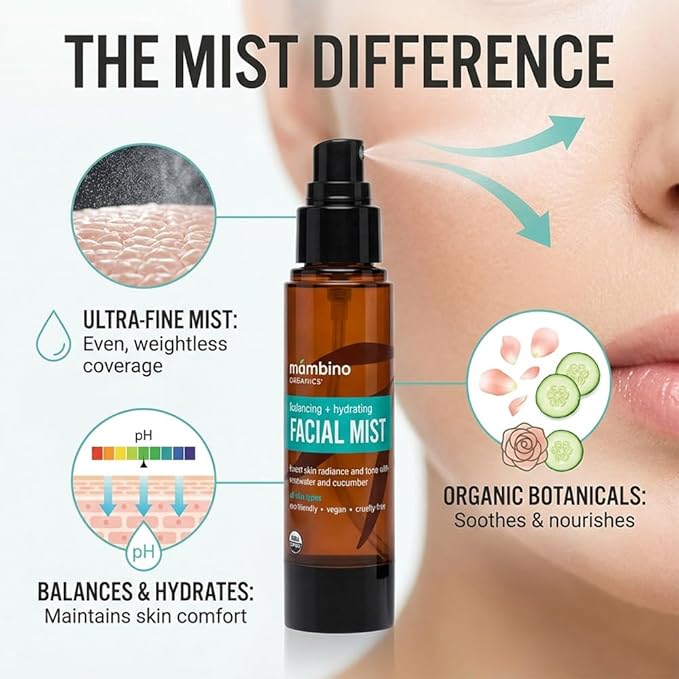 Mambino Organics Balancing Facial Mist & Toner, Organic Rose Water Facial Toner for Skincare & Self Care, Lightweight Hydrating Mist for All Skin Types, 2 fl oz