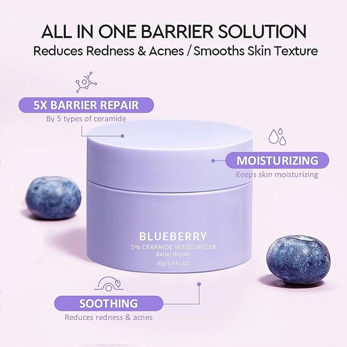 Grospe Blueberry Ceramide Moisturizing Cream - Face Moisturizer with Fruit Extract & Hyaluronic Acid, Intense Hydration for Dry & Sensitive Skin, Vegan Formula (1oz)