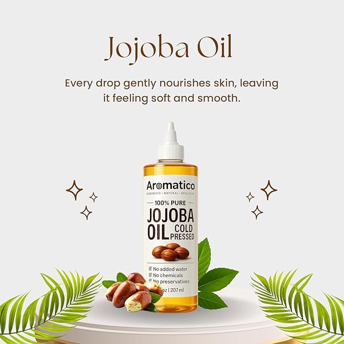 Aromatico 100% Pure Cold Pressed Jojoba Oil – 7 Fl Oz | Natural Hair, Face & Body Oil – Lightweight Moisturizing Carrier Oil for Dry Scalp, Skin Care, Beard, Cuticles & Massage