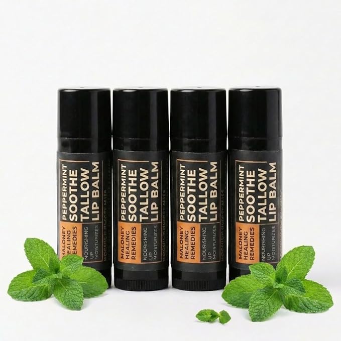Tallow Lip Balm | 100% Grass-Fed Beef Tallow, Organic Coconut Oil & Beeswax | Natural Lip Care for Dry, Chapped Lips & Dry Lips | No Seed Oils | Peppermint | Handcrafted in USA | 4-Pack