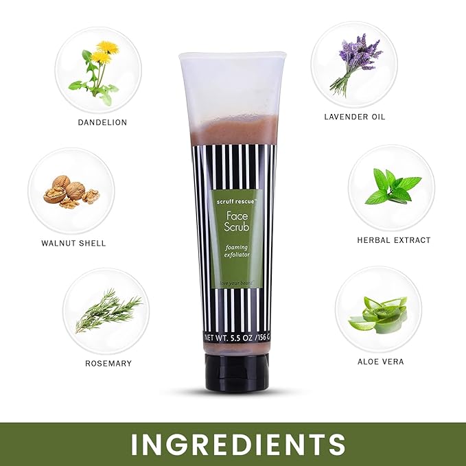 MGA Vegan Face Scrub - Scruff Rescue Face Scrub, Daily Exfoliator & Wash for Deep Cleaning | Prevents Blackheads & Ingrown Hairs | pH Balanced Walnut Shell Microdermabrasion | 5.5 oz