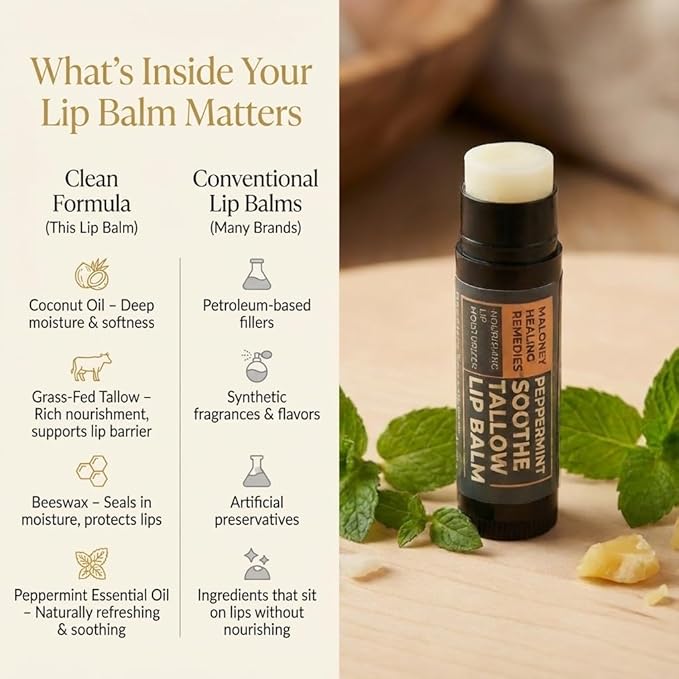 Tallow Lip Balm | 100% Grass-Fed Beef Tallow, Organic Coconut Oil & Beeswax | Natural Lip Care for Dry, Chapped Lips & Dry Lips | No Seed Oils | Peppermint | Handcrafted in USA | 4-Pack