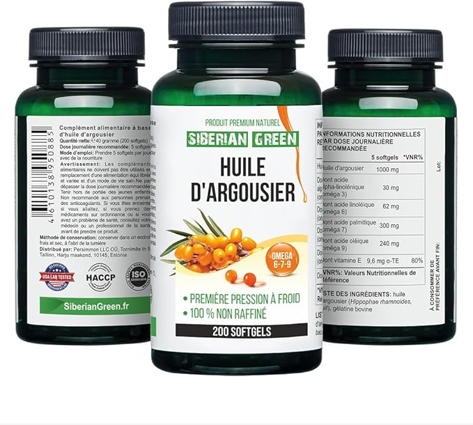 Siberian Sea Buckthorn Oil Capsules 200 Softgels | from Wild-harvested Siberian Sea Buckthorn Berries | Oil Cold Pressed Unrefined Gluten Free Non-GMO Premium Omega 7