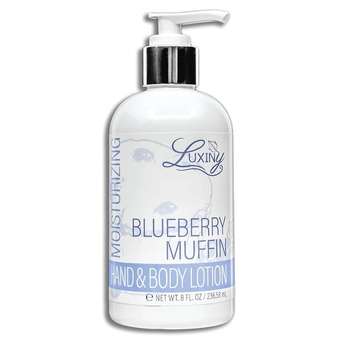 Luxiny Daily Vegan Hand & Body Lotion for Dry Skin,Made with Jojoba Oil & Vitamin E, USA Made, Non Greasy Phthalate/Sulfate/Paraben Free & Cruelty-Free Formula, 8 oz (8 oz, Blueberry Muffin)