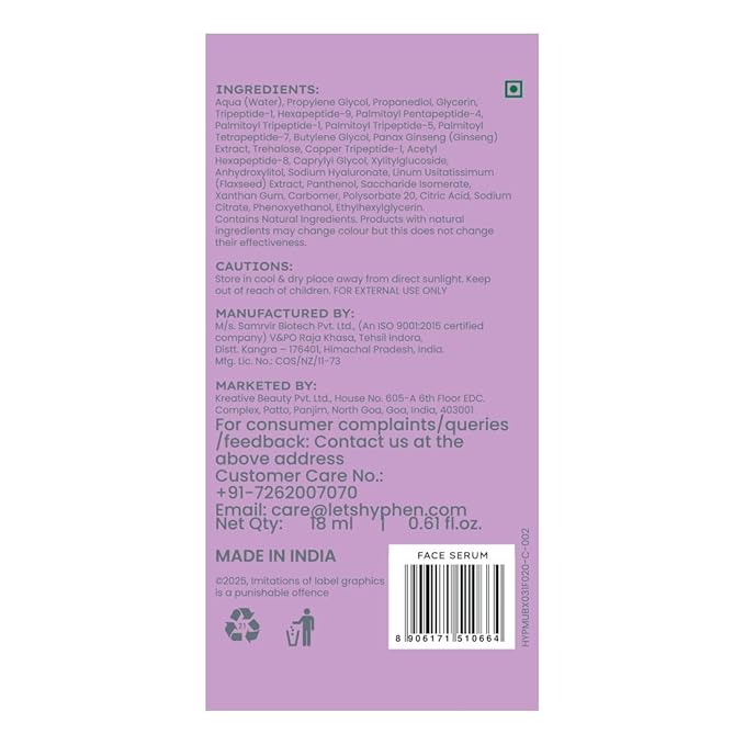 Hyphen 10% Peptide with 2% Copper Peptide Face Serum | Advanced Youth Formula | Boosts Collagen & Elastin | All Skin Types - 18ml
