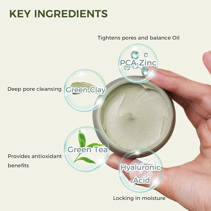 CHANDO HIMALAYA Purifying Green Tea Mask, Natural Facial Clay Mask Deep Pore Cleansing with Green Tea Extract and Portulaca Extract, for Clogged Pores, Detoxifies & Balance Oil, 3.52 fl.oz