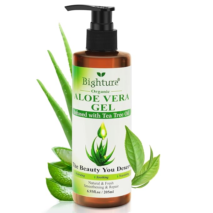 Aloe Vera Gel with Tea Tree Oil for Face & Body, Freshly-cut Aloe Vera Gel Ideal for Skin, Scalp, & Hair Hydration, Calming Moisturizer for Soothing After Sun Care Relief, 6.93 oz