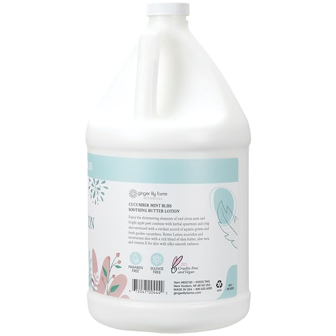 Ginger Lily Farms Botanicals Soothing Butter Lotion for Dry Skin, 100% Vegan & Cruelty-Free, Cucumber Mint Bliss Scent, 1 Gallon (Pack of 4)