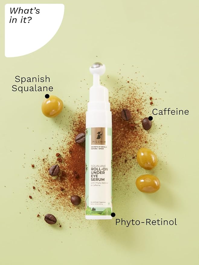 Pilgrim Squalane Roll On Under Eye Serum | Hydrating Eye Serum with Phyto Retinol & Caffeine | Reduces Dark Circles, Puffiness & Wrinkles | 0.50 Fl Oz (15ml)