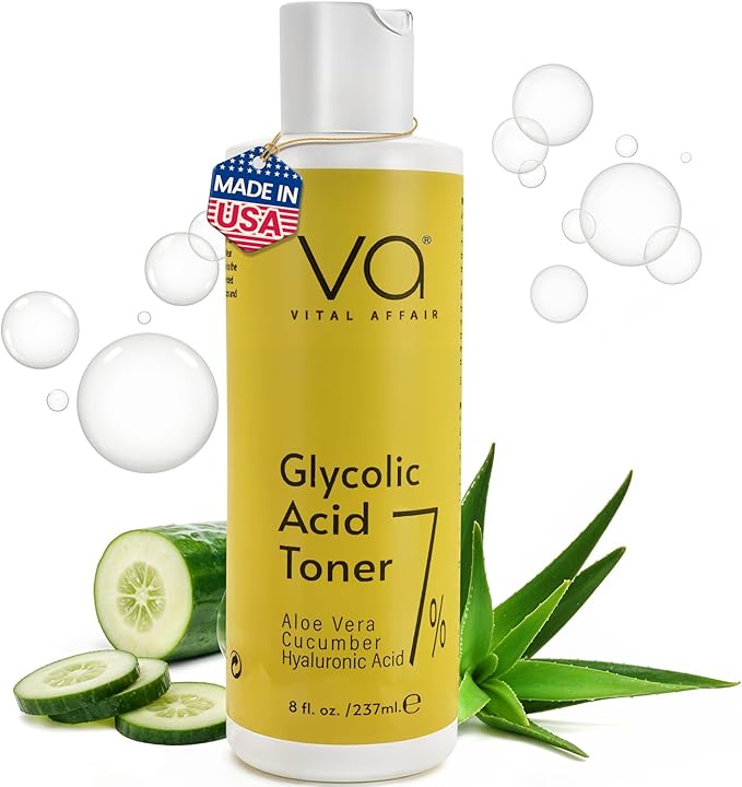 Glycolic Acid Toner for Face - Age Defying, Pore Minimizer for Face, Exfoliating Toner - with Aloe Vera, Cucumber, Hyaluronic Acid - AHA Toner - Alcohol Free Toner-for All Skin Types-By Vital Affair.