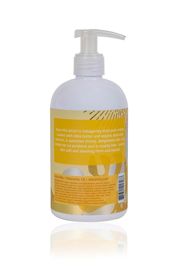 Dolce Mia | Shea Butter Lotion with Organic Botanicals | Unscented | Fast & Deep Absorbing Moisturizer for Face and Body | Hypoalergenic | Fragrance Free | Vegan and Cruelty Free | 12 oz