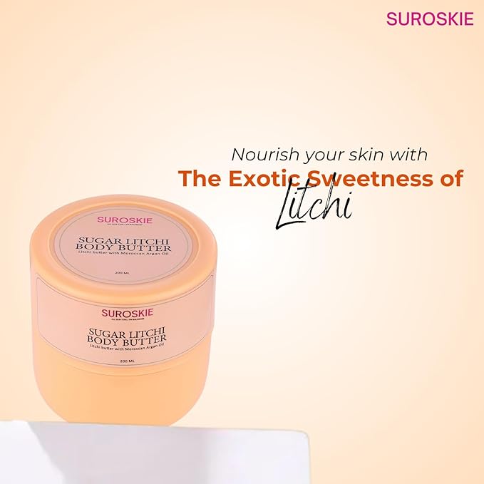 Suroskie Sugar Litchi Body Butter 200Ml | For Deep Hydration & Nourish Skin | Upto 96 Hrs | With Shea Butter, Moroccan Argan & Almond Oil | Uv Ray Protection | Dry Skin | Body Butter For Women & Men