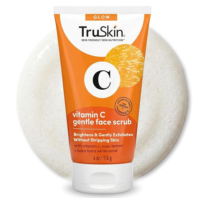 TruSkin Vitamin C Face Scrub & Face Exfoliator - Brightening Facial Scrub with Bora Bora White Sand & Yuzu Lemon - Smooths Texture and Reveals Softer-Looking Skin, 4 fl oz