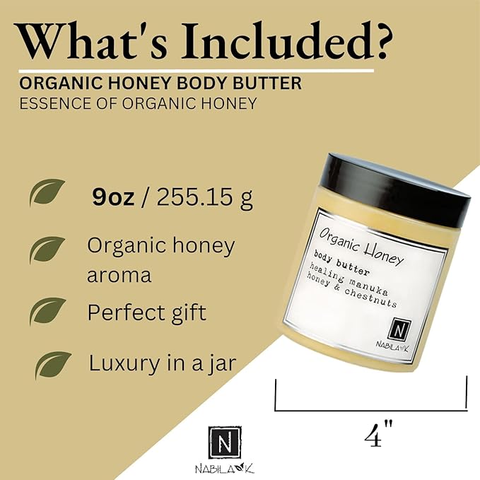 Nabila K Body Butter - Daily Moisturizer for Body Care - Skin Hydrating Deep Moisturizing - Natural Ingredients - Organic Honey - 9 oz