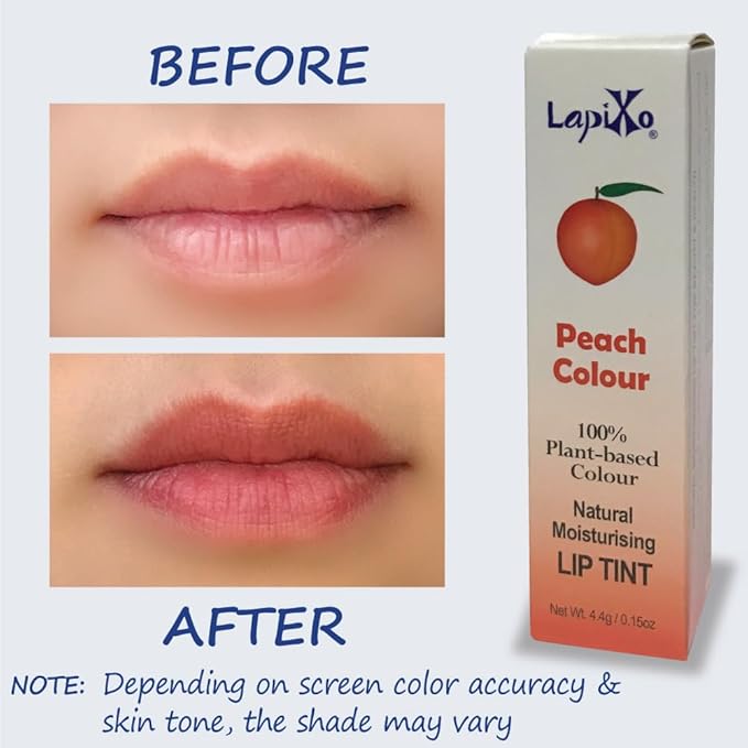 LAPIXO 100% Plant-based Color Lip Tint, Unique Formula, Natural + Moisturizing | 2-in-1 | Non-Toxic, All Food Ingredients, Antioxidant-rich, Natural Matte Sheer, Buildable, 4.4g/0.15oz (Peach color)