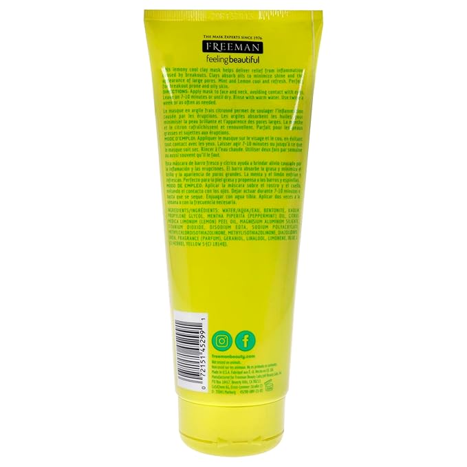 Freeman Oil Absorbing Mint & Lemon Clay Mask, Facial Mask, Skincare, 6 fl oz tube/175 mL