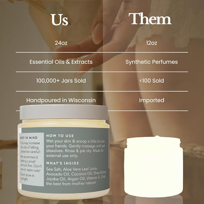 Bare Botanics Unscented Body Scrub 24 oz - Naturally Scented Sea Salt Scrub Made in Madison, WI - Formulated w/Skin Loving Moisturizers - Vegan, Cruelty Free Exfoliator w/a Cute Wooden Spoon