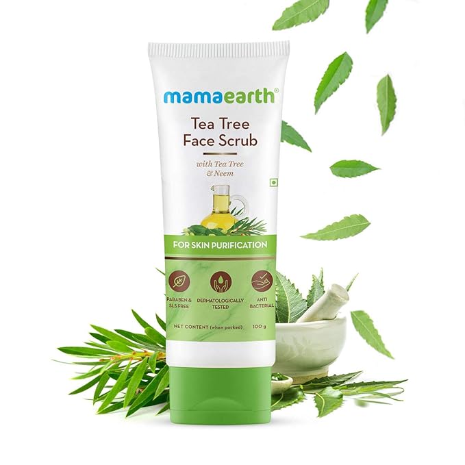Mamaearth Tea Tree & Neem Face Scrub for Skin Purification | Gently Exfoliates & Cleanses Dirt | Controls Acne & Excess Oil | Suits All Skin Types | 3.53 Oz (100 g)