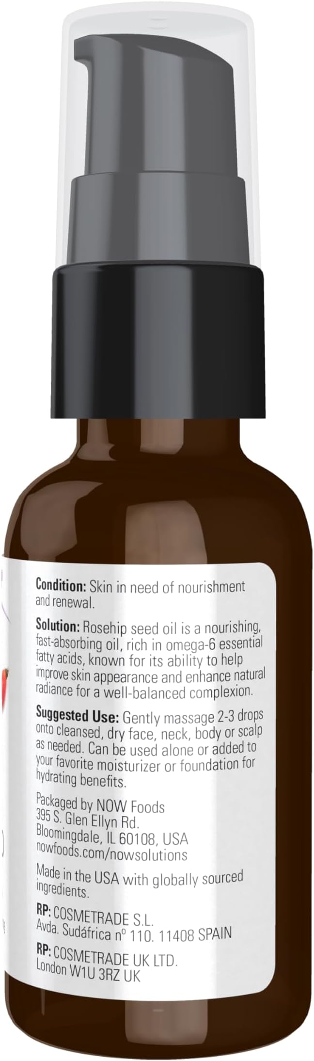 NOW Solutions, Rose Hip Seed Oil, 100% Pure, Nourishing and Renewing, For Facial Care, Vegan, Child Resistant Cap, 1-Ounce