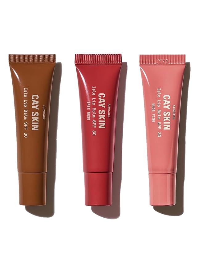 Cay Skin Isle Lip Balm SPF 30 – High Shine, Hydrating + Sheer Lip Gloss in Vanilla Brown Sugar Flavor – Formulated with Natural Ingredients for All Skin Tones – 3-Pack, Rose, Clear, Nude, 1.05 oz