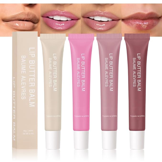 4 PCS Summer Butter Lip Balm. Ultra-Hydrating Lip Care with Shea Butter & Olive Oil, Soothes Dry Lips with Natural Tint & Gloss Effect, Lip Plumper Moisture & Light Lip Stain Finish Set 04