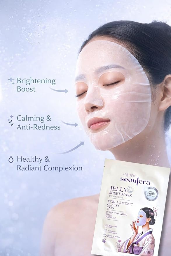 Korean Jelly Sheet Mask, Brightening & Calming Glow, Anti-Redness Hydration for Sensitive Skin, 5 Pack