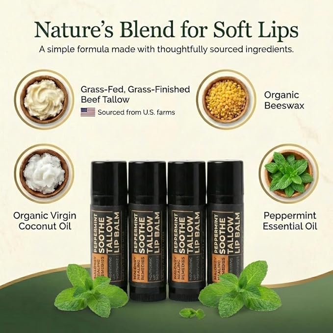 Tallow Lip Balm | 100% Grass-Fed Beef Tallow, Organic Coconut Oil & Beeswax | Natural Lip Care for Dry, Chapped Lips & Dry Lips | No Seed Oils | Peppermint | Handcrafted in USA | 4-Pack