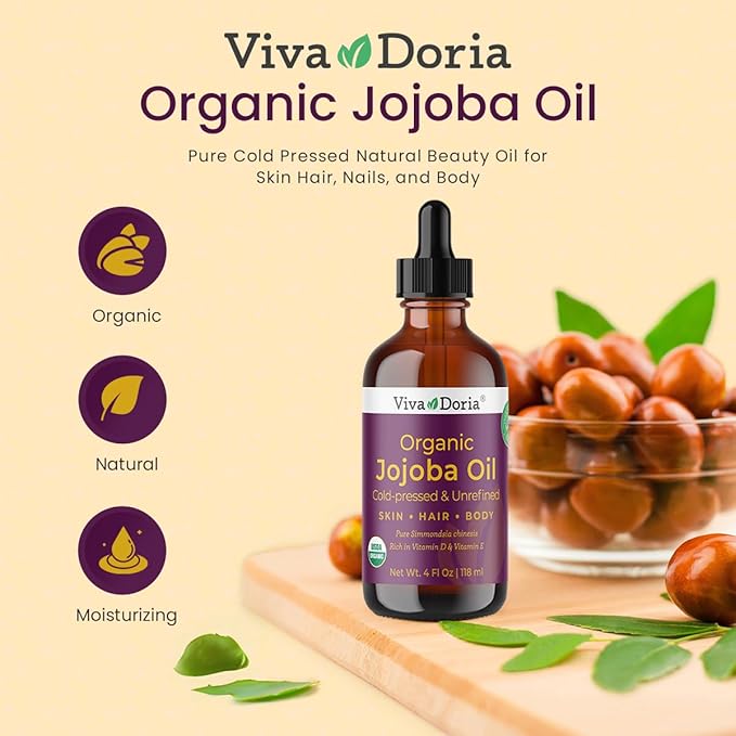 Viva Doria Jojoba Oil, USDA Certified Organic, 4 fl oz, Natural Jojoba Oil for Hair, Skin & Face, Cold Pressed Unrefined