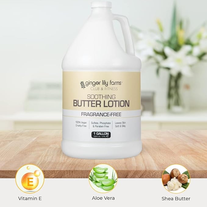 Ginger Lily Farms Club & Fitness Soothing Butter Lotion for Dry Skin, 100% Vegan & Cruelty-Free, Fragrance Free, 1 Gallon (Pack of 4)