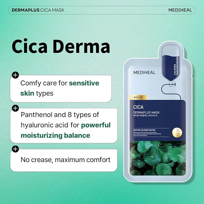 Mediheal Dermaplus Cica Mask (10 Counts) - Daily Vegan Mask for Calming Skin with Panthenol & Hyaluron, Korean Self Skin Care Sheet Mask