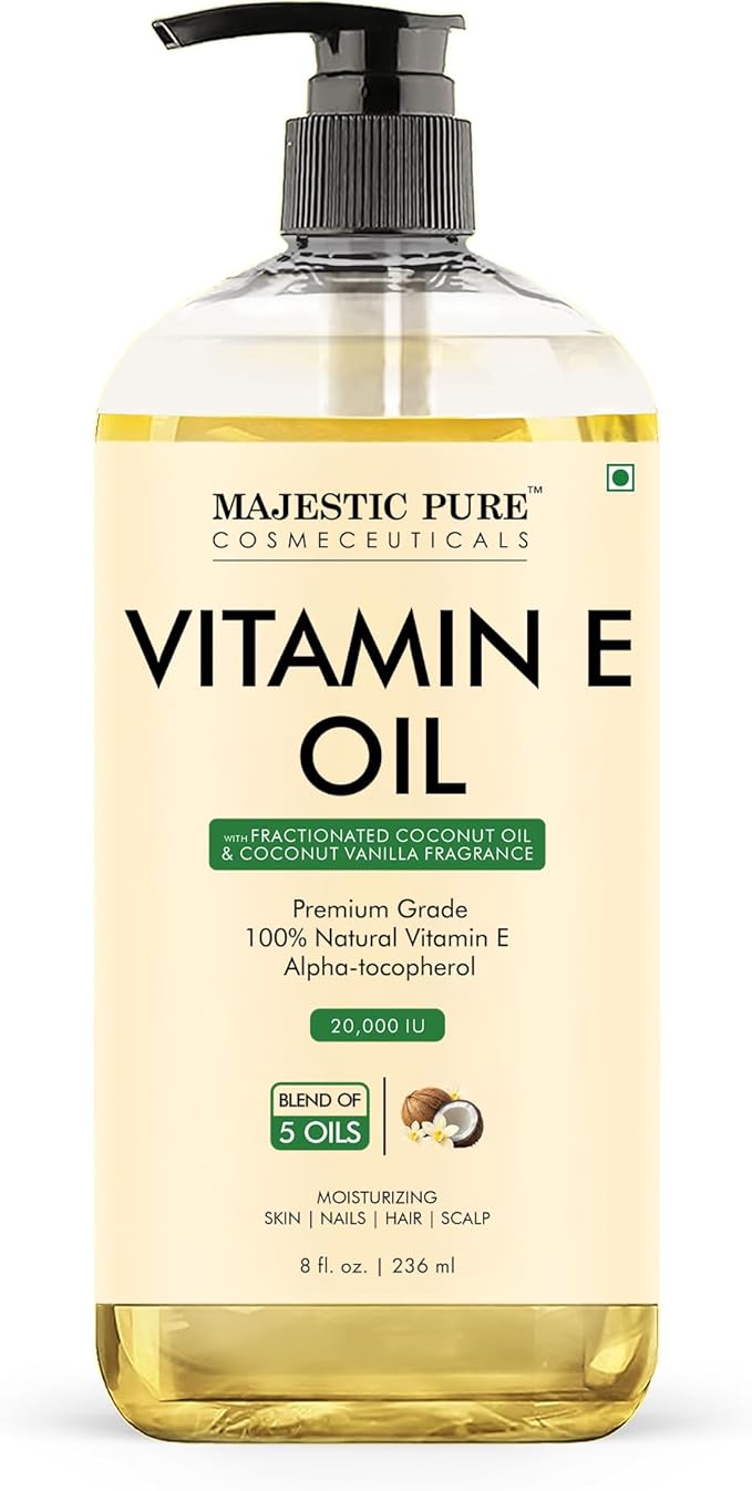 Majestic Pure Coconut & Vanilla Formula Vitamin E Body Oil 8 Fl Oz - 100% Pure and Natural- Cold Pressed & Hexane Free Natural Hair Growth Oil for Eyelashes, Eyebrows, Skin, Body, Face, Nails & Scalp