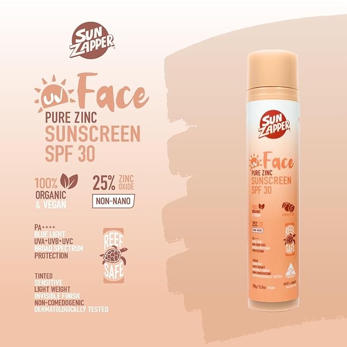 Sun Zapper Face Pure Zinc Sunscreen SPF 30 Tinted – Organic Mineral Sunscreen, 25% Non-Nano Zinc Oxide, Lightweight Invisible Finish, Reef Safe, Vegan, 100g (3.5 oz) Pump, Australian Made