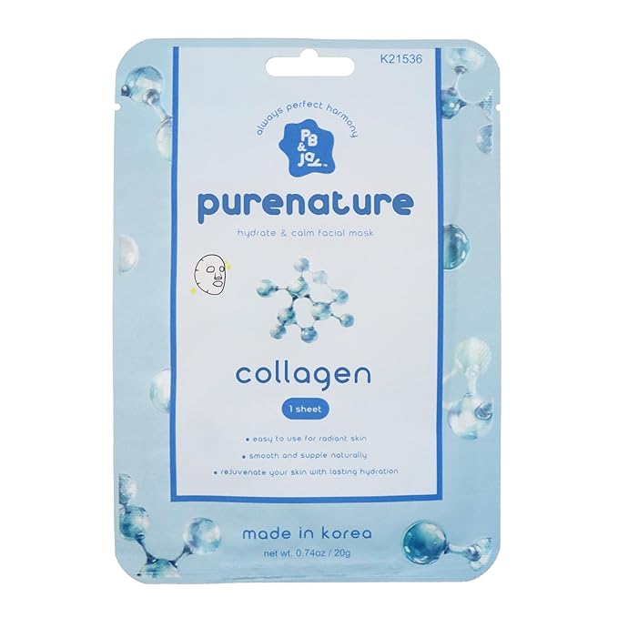 PB & JAY Purenature Facial Mask – Premium Quality Korean Sheet Mask for Firm, Supple Skin – Korean Collagen Essence Hydrating Facemask Sheet (Collagen)
