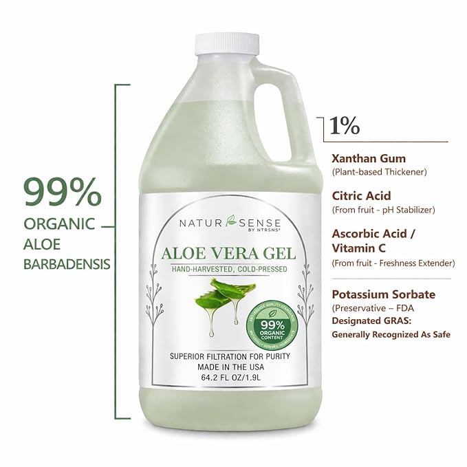 NTRSNS NaturSense 99% Organic Aloe Vera Gel 64.2 oz, Cold Pressed Pure Aloe for Face, Hair, Scalp, Sunburn, Dry Skin, Sensitive Skin, DIY Skincare, Unscented Refill Bottle. Made in USA