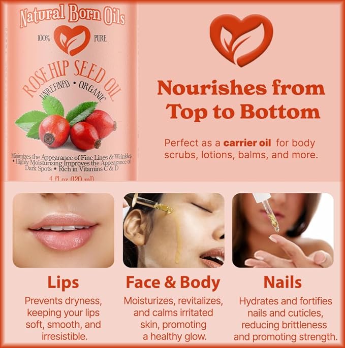 Natural Born Oils Rosehip Seed Oil, 16oz, Organic, Cold-Pressed, Nutrient-Rich, Excellent for Radiant Skin, Lustrous Hair