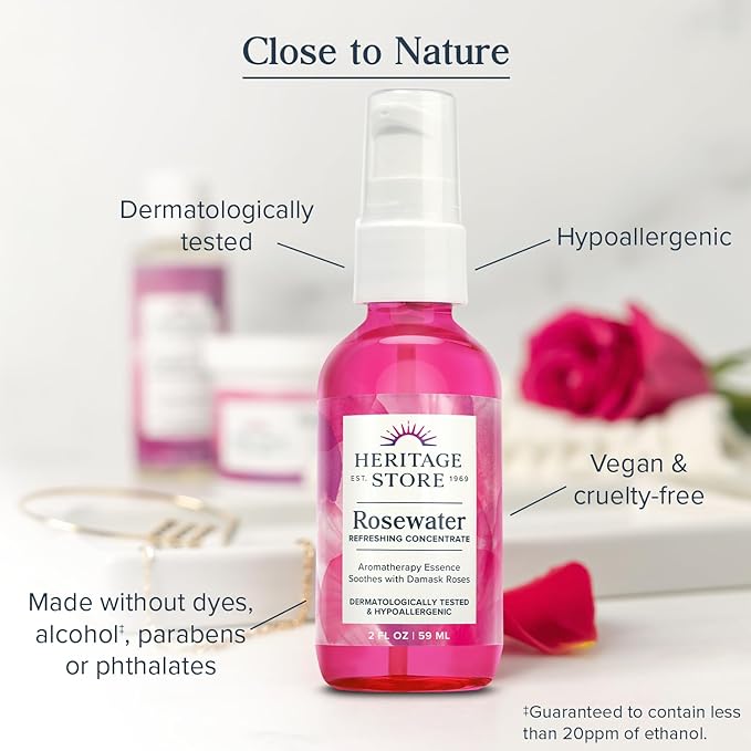 HERITAGE STORE Rosewater Concentrate - Aromatherapy Essence w/Damask Rose - Add Water for a Hydrating Face Mist or Blend Into Unscented Beauty Products - Hypoallergenic, Vegan, 60-Day Guarantee, 2oz