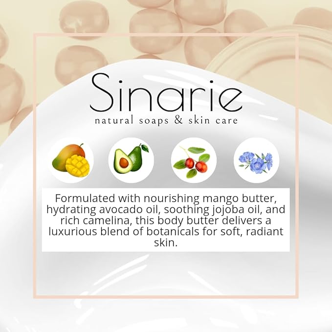 Sinarie Coconut-Free Body Butter – Ultra-Nourishing Moisturizer with Mango Butter, Avocado Oil & Jojoba Oil – Hydrating & Non-Greasy Lotion for Sensitive Skin (8 oz., Grace)
